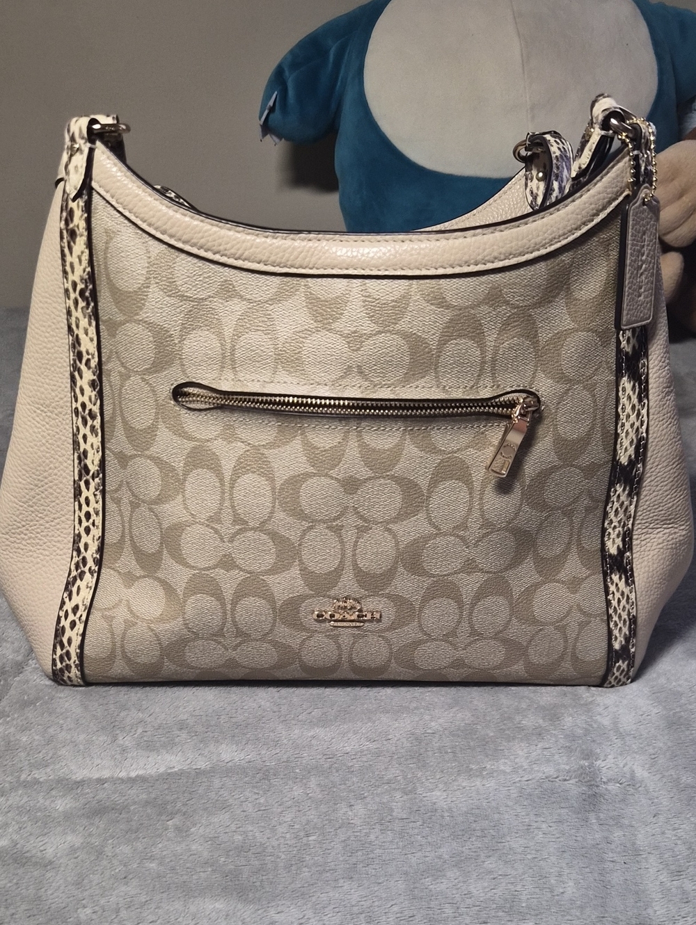 Coach Cream Signature Canvas Hobo with Snake-Trim Accents